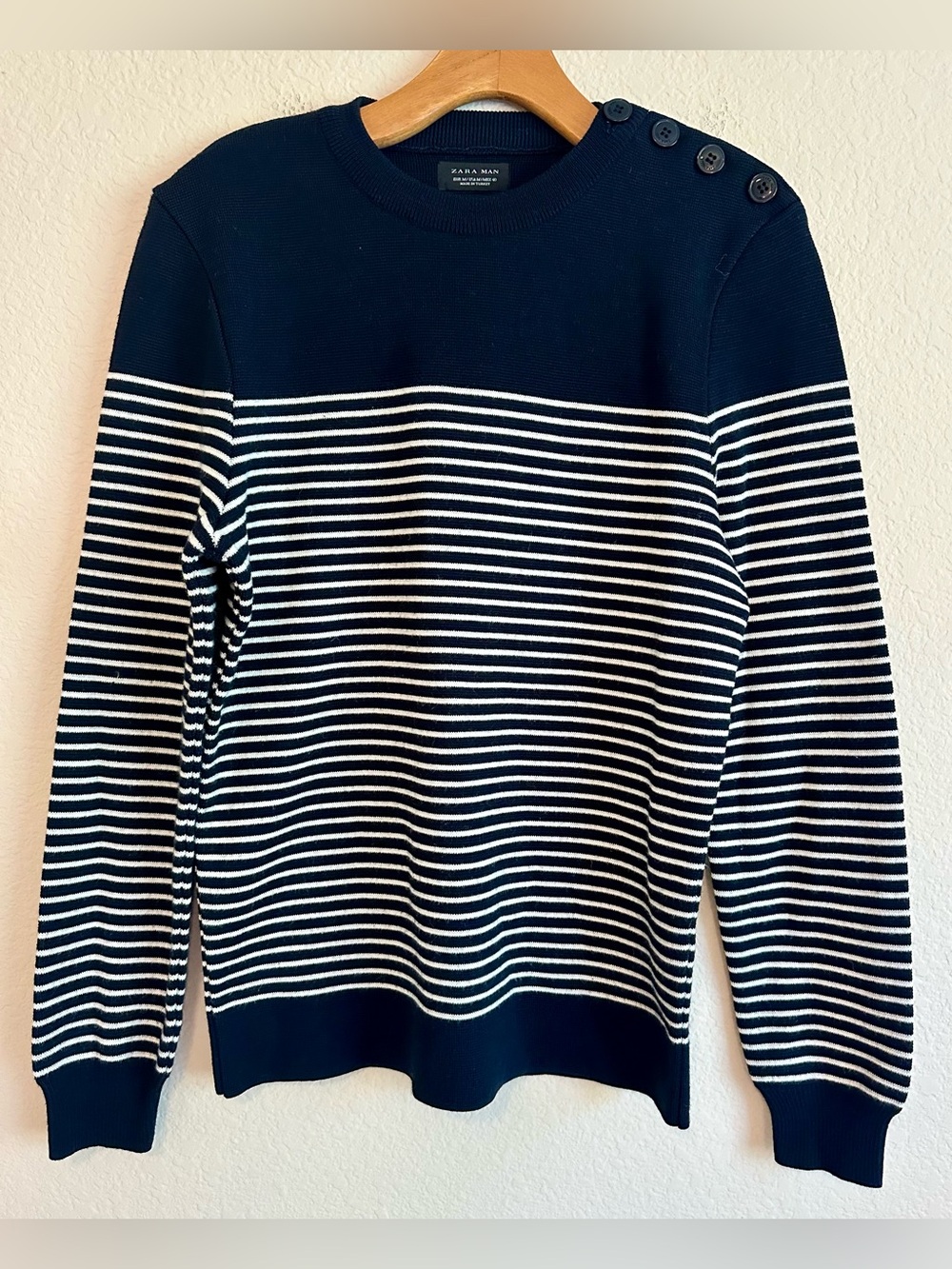 NWOT ZARA MAN Sweater Navy Blue White Stripe Button Shoulder Crew Nautical Sz M